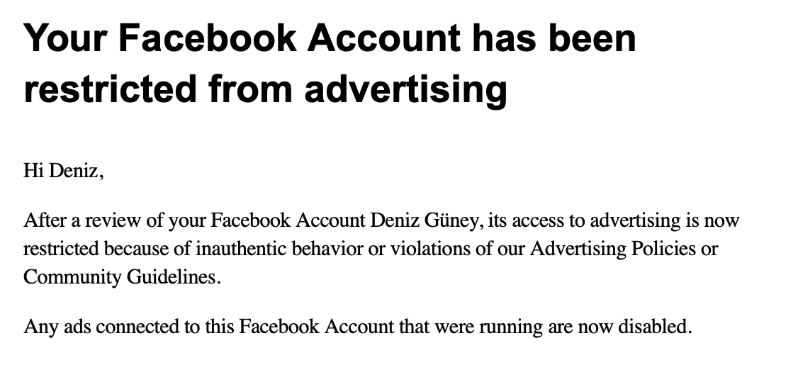 Facebook account restricted email warning